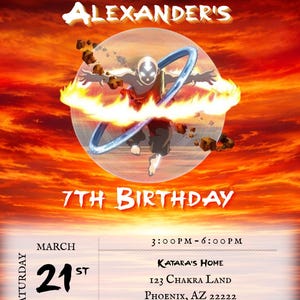 Puede incluir: Una invitación de cumpleaños con un fondo naranja y rojo intenso. La invitación dice "Únete a nosotros para celebrar el 7º cumpleaños de Alexander". La fecha es el 21 de marzo, de 15:00 a 18:00 horas. El lugar es Katara's Home en Phoenix, AZ.