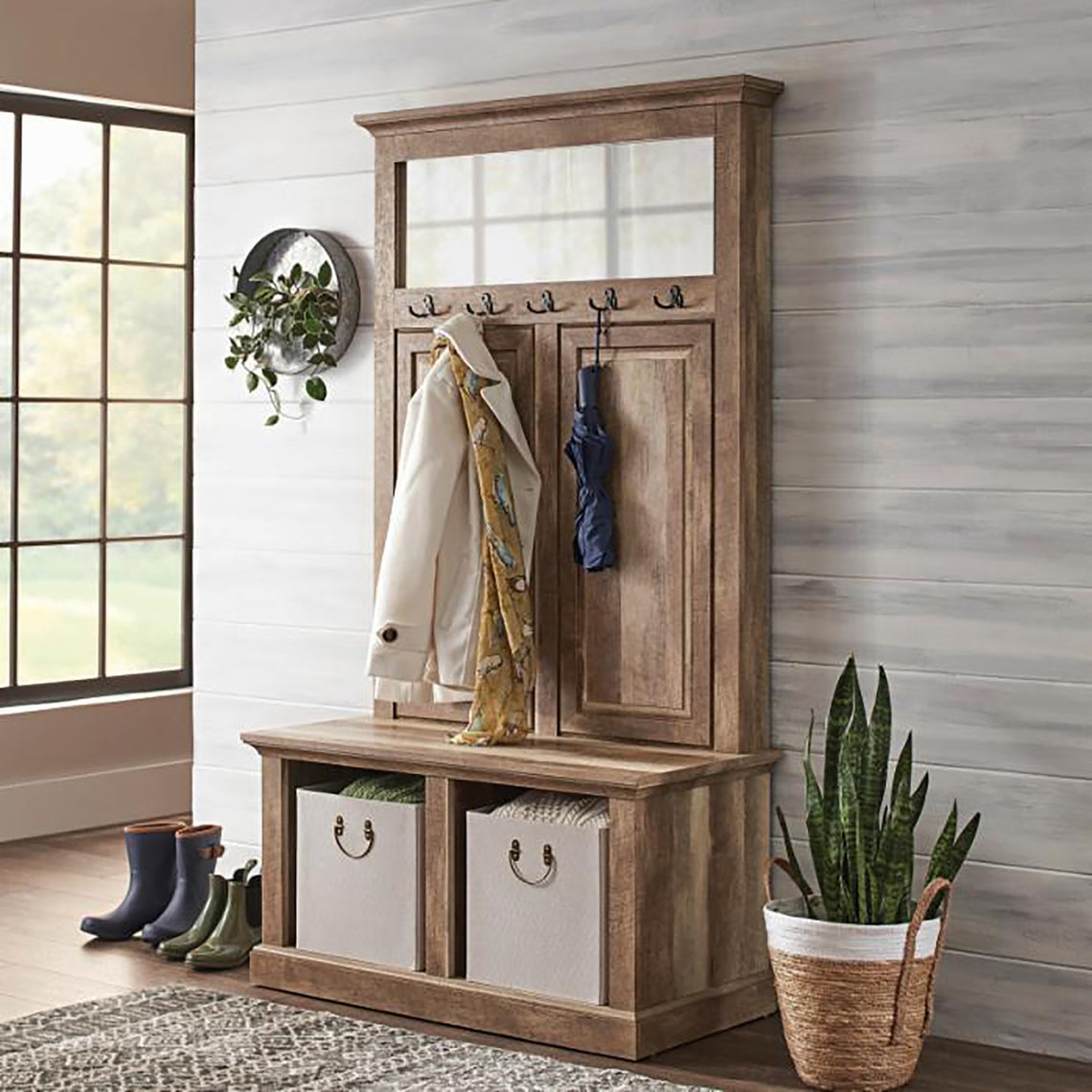 Wood Hall Tree with Mirror 5 Coat Hooks Entryway Organizer Etsy