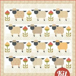 May include: A fabric panel featuring a repeating pattern of sheep, flowers, and geometric shapes. The sheep are in various shades of tan and beige, with black heads. The flowers are red and yellow. The word "Kit" is in a red circle.