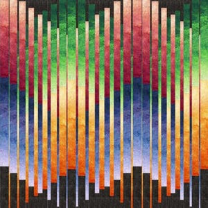 May include: Abstract art print with vertical stripes in shades of green, red, orange, blue, and purple. The stripes are arranged in a pattern that creates a sense of depth and movement.