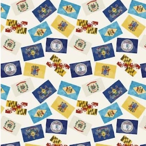 May include: A seamless pattern featuring various state flags of the United States. The flags are in a variety of colors, including red, white, blue, yellow, and green. The flags are arranged in a random pattern, and some are overlapping.