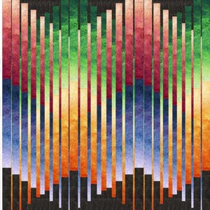 May include: Abstract art print with vertical stripes in shades of red, orange, yellow, green, blue, and purple. The stripes are arranged in a symmetrical pattern, creating a sense of depth and movement.