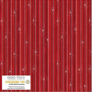 May include: Red and white striped fabric with a repeating pattern of white stars. The fabric has the Oeko-Tex Standard 100 certification logo and text. "OEKO-TEX® CONFIDENCE IN TEXTILES STANDARD 100 N-KEN 08030 Nissenken Tested for harmful substances. www.oeko-tex.com/standard100"