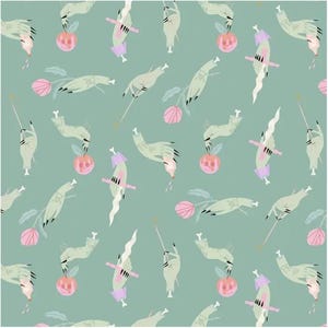 May include: A seamless pattern featuring a repeating design of green skeletal hands holding pink and white pumpkins on a light green background.