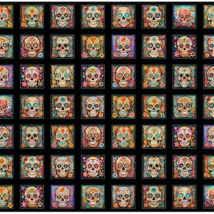 May include: A black background is filled with colorful, square images of sugar skulls. Each skull is intricately decorated with floral and geometric patterns in a variety of colors, including orange, pink, blue, and green. The skulls are a Day of the Dead theme.