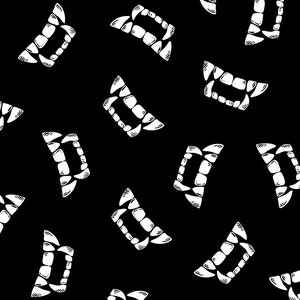 May include: Black and white seamless pattern of vampire fangs on a black background. The fangs are drawn in a simple, cartoon style.