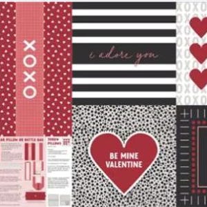 May include: A Valentine's Day themed fabric panel with various patterns and designs. The panel features hearts, stripes, polka dots, and text that says "XOXO", "You are my sunshine", "I adore you", "Be mine Valentine", "Love", and "Kiss me".