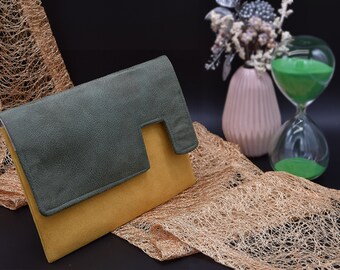 Asymmetric clutch bag / Green recycled leather and mustard yellow suede