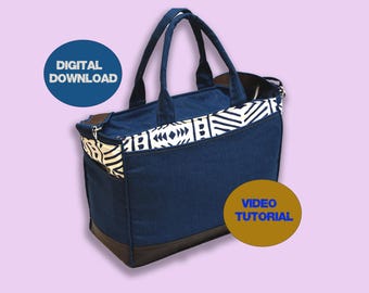 May include: A blue denim tote bag with a geometric patterned trim and brown leather accents. The bag has two handles and a shoulder strap. The text "DIGITAL DOWNLOAD" and "VIDEO TUTORIAL" are displayed on the image.