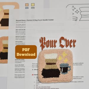 May include: A square, beige, tufted coaster with a coffee-themed design. The design includes a coffee pot, a mug, and the text "Pour Over" in a decorative font. The words "PDF Download" are also visible.