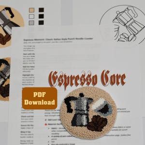 May include: A round, beige coaster with a coffee pot, coffee beans, and a cup design. The text "Espresso Core" is visible, along with "PDF Download". The coaster is likely handmade and part of a coffee-themed collection.