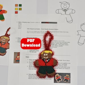 May include: A handmade gingerbread man ornament with a red and green outfit, a yellow head, and a red loop for hanging. The image also includes a PDF download button and a pattern.