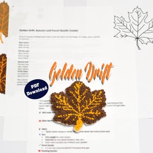 Puede incluir: Imagen detallada de un posavasos con forma de hoja hecho con aguja mágica, con hilo marrón y amarillo. Las palabras "Golden Drift" están en escritura naranja. Se ve un botón de descarga PDF.