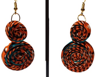 Spiral Earrings | African Fabric Earrings | Ankara Fabric Jewelry | Dangle Circle Earring | Boho Geometric | Bohemian - Orange Teal