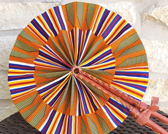 Kente African Fan | Kente Gold Navy Red White Fabric Foldable Fan | Made in Ghana | Windmill Style with Leather Trim Handle | Gift for