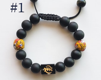 African Adinkra Symbol Unisex Bracelet | Men/Unisex Pan African Inspired | Black Matte Recycled Glass Bead Adjustable Bracelet