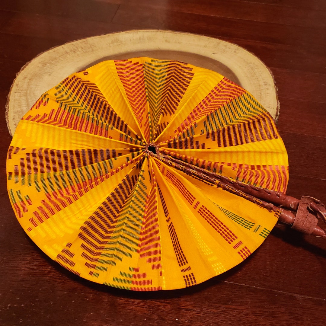 African Folding Fan Kente Fabric Gold, Yellow, Green, Red Foldable Fan Made in Ghana Windmill