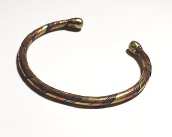 African Three Tone Twisted Metal Unisex Cuff Bracelet | Made in Ghana | Brass Copper Steel | Heavy Duty 3 Strand Bracelet