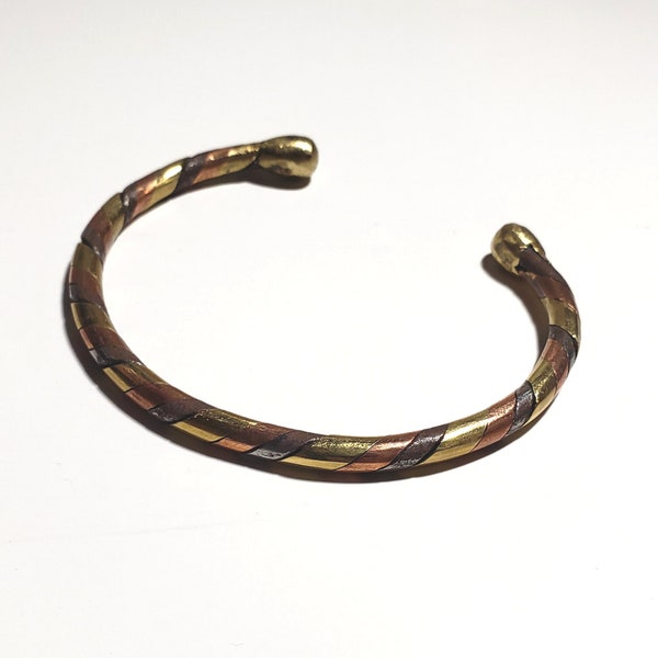 African Three Tone Twisted Metal Unisex Cuff Bracelet | Made in Ghana | Brass Copper Steel | Heavy Duty 3 Strand Bracelet