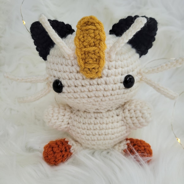 Handgemaakte gehaakte amigurumi Meowth Pokemon fanart knuffel Team Rocket
