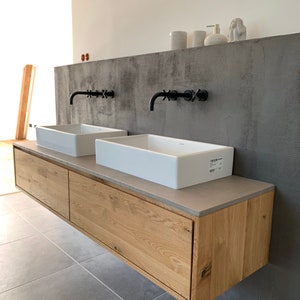 Solid oak vanity unit with two drawers and a microconcrete top, made-to-measure bathroom furniture