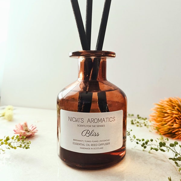 Apothecary Bottle Reed Diffuser | Natural Essential Oil Reed Diffuser | BLISS | Bergamot + Ylang Ylang | Vegan and Eco Friendly