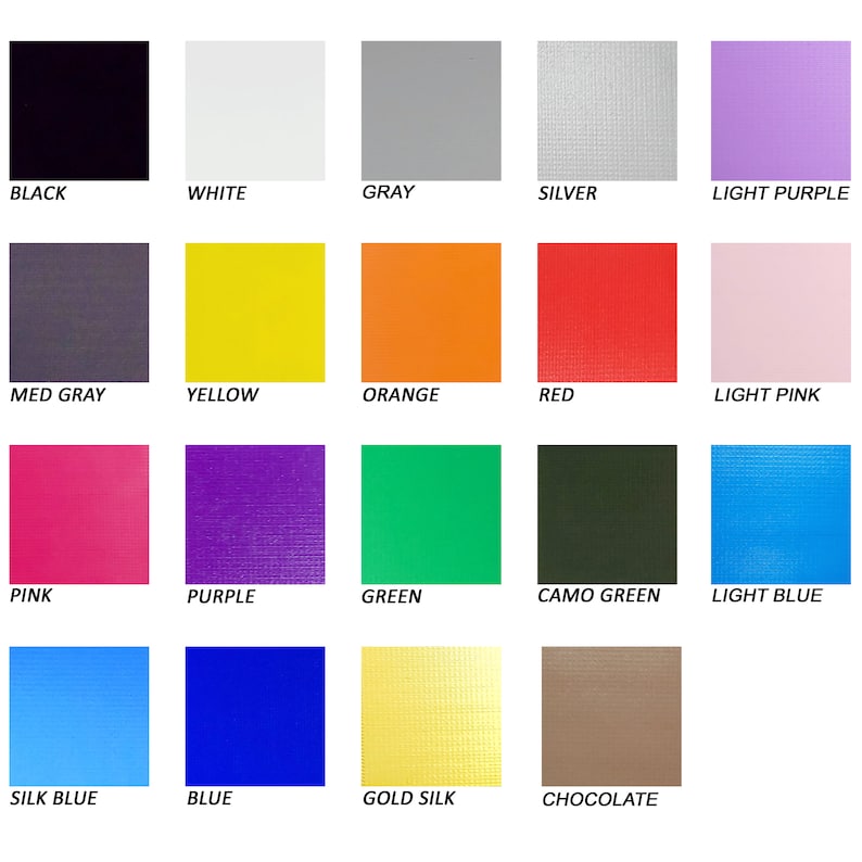 May include: A color chart with 16 different colors, including black, white, gray, silver, light purple, medium gray, yellow, orange, red, light pink, pink, purple, green, camo green, light blue, silk blue, blue, gold silk, and chocolate.