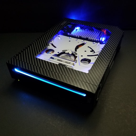 Custom Modded Wii with Blue LED Lights 320GB HDD 16GB SD Black Carbon Fiber Vinyl Wrap