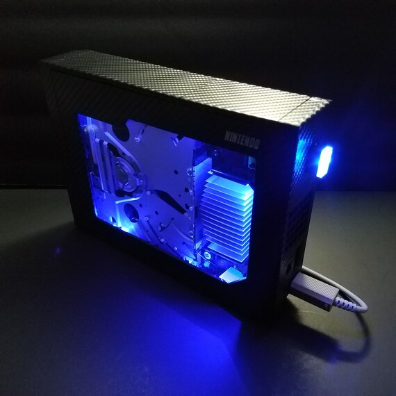 Custom Modded Wii with Blue LED Lights 320GB HDD 16GB SD Black Carbon Fiber Vinyl Wrap