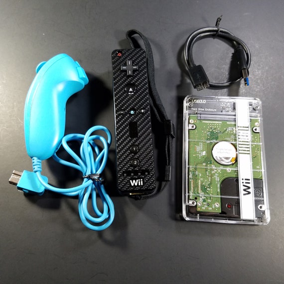 Custom Modded Wii with Blue LED Lights 320GB HDD 16GB SD Black Carbon Fiber Vinyl Wrap