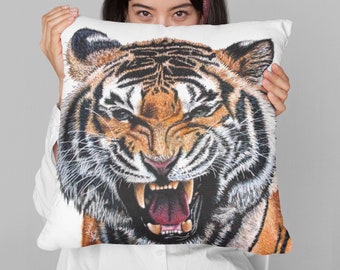 Tiger Throw Pillow - 14 by 14 Inches or 18 by 18 inches - 100% Polyester