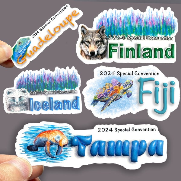 JW Special Convention 2024 - Pack van 8 vinylstickers - JW cadeau-idee - Tampa, Guadeloupe, IJsland, Finland (Helsinki), Fiji (Suva) en meer!