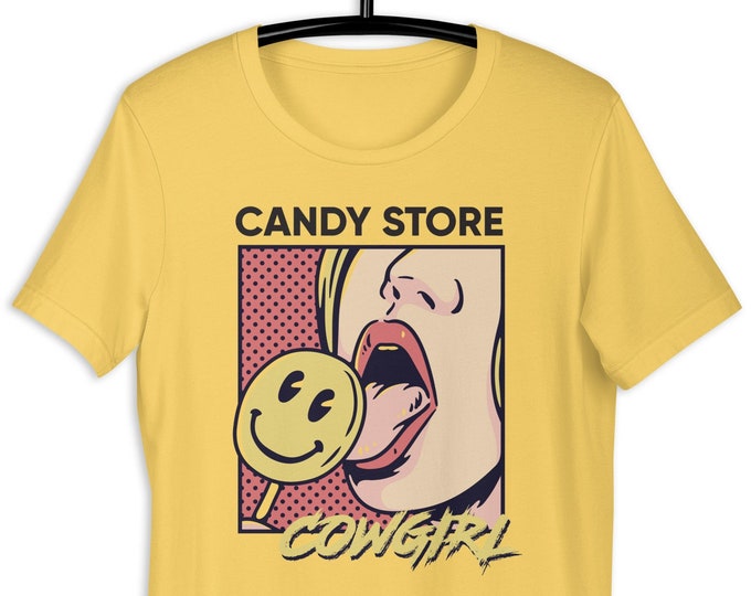 Candy Store Cowgirl Men's Premium Graphic T Shirt | Bella + Canvas Yellow Unisex Fashion