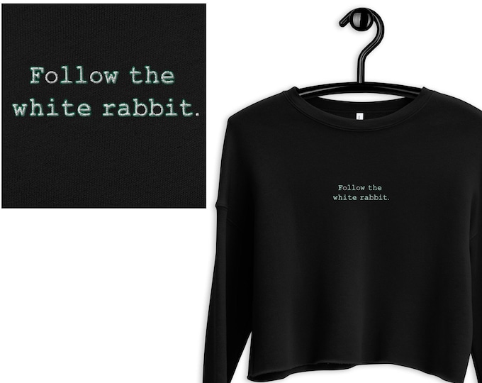 Embroidered Cropped Sweatshirt - Follow The White Rabbit - Black Women's Bella + Canvas Alternative Fashion