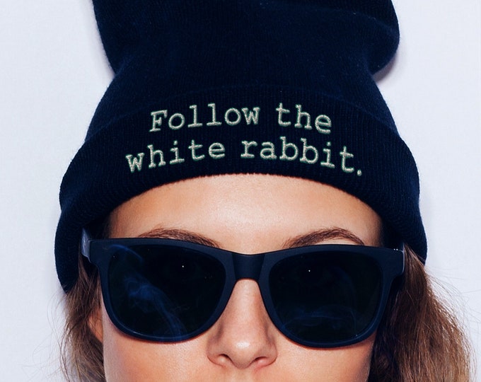 Follow The White Rabbit Black Cuffed Beanie - Embroidered Design - Winter Headwear For Men & Women