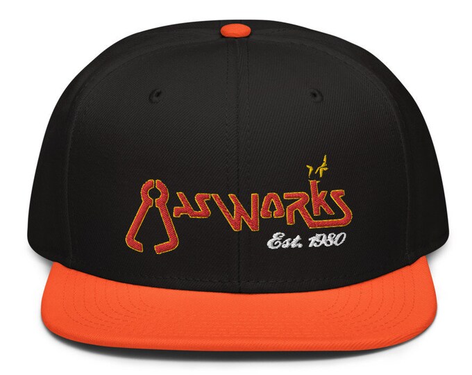 Gasworks Classic Flat Bill Snapback Cap - Embroidered 6-Panel Structured Baseball Hat - Black Hat/Orange Visor