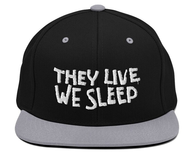 They Live We Sleep Classic Flat Bill Snapback Cap - Embroidered 6-Panel Structured Baseball Hat - Black Hat/Silver Visor