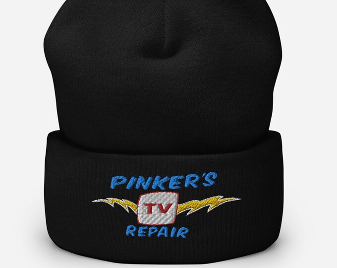 Pinker's TV Repair Black Cuffed Beanie - Embroidered Design - Winter Headwear For Men & Women
