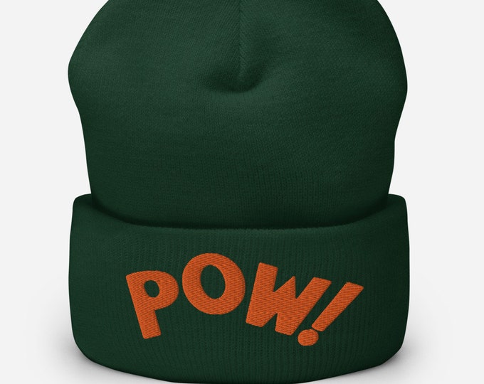 Pow! Green Cuffed Beanie - Embroidered Design - Winter Headwear For Men and Women