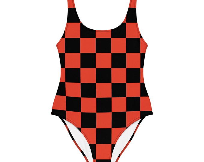 Orange Checkerboard Women's One-Piece Swimsuit | Ladies Summer Swimwear