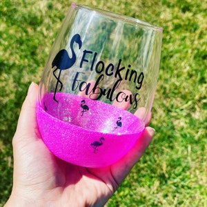 Flocking Fabulous Glitter Wine Stemless / Peek A Boo / Flamingo / Stemless / Glitter Wine Glass