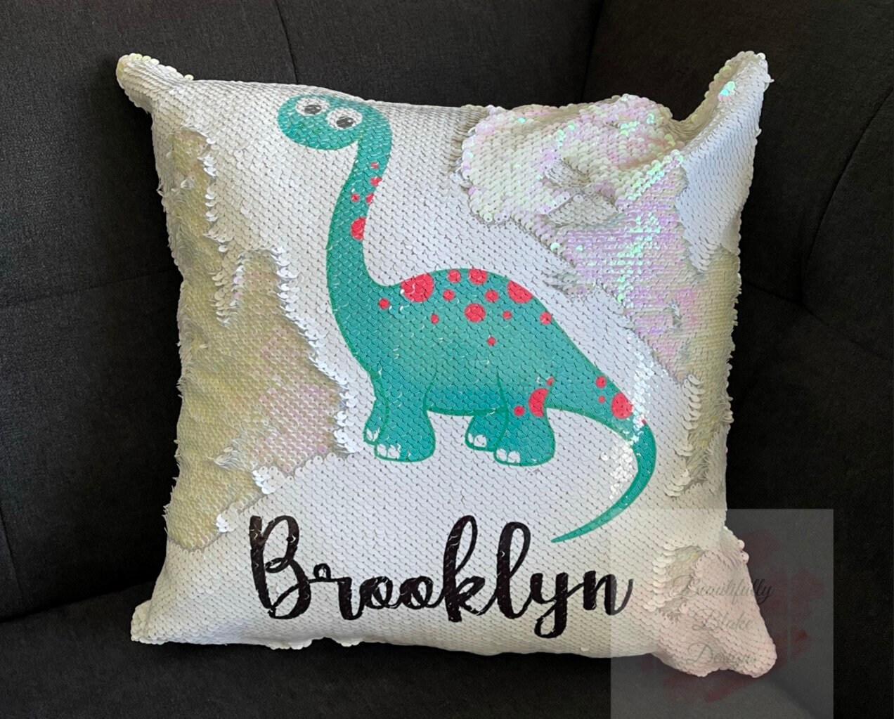 Dinosaur Girl Pillow / Sequin flip photo pillow /Girls Room Etsy
