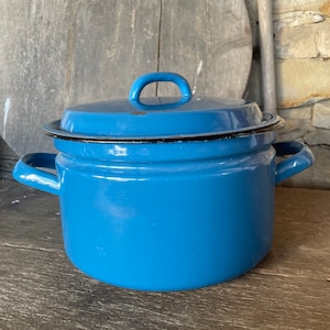Large old enamel pot blue, country house, cooking pot, plant pot