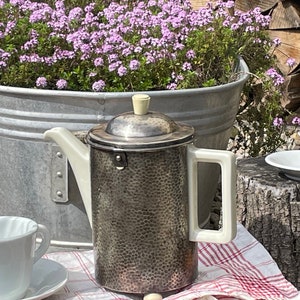 Könnte beinhalten: Eine silberne Kaffeekanne mit weißem Henkel und Deckel, die auf einem rot-weiß karierten Tischtuch steht. Die Kaffeekanne steht auf einem Baumstumpf mit einer weißen Untertasse und Tasse darauf. Im Hintergrund befindet sich eine verzinkte Metallwanne gefüllt mit lila Blumen.