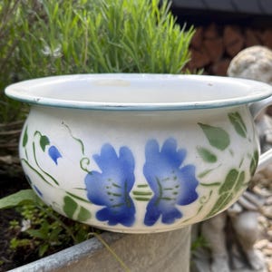 May include: A white ceramic chamber pot with a blue floral design and a green rim. The pot has a handle and is decorated with blue flowers and green leaves. The pot is sitting outside in a garden setting.