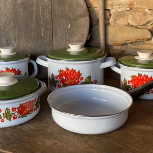 Op de afbeelding: Set van vijf emaille potten met bloemenmotieven in rood, groen en wit. De potten hebben groene deksels en witte handvatten.