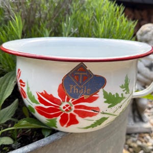 May include: White enamel chamber pot with a red rim and handle. The pot is decorated with red flowers and green leaves. A blue and gold label reads "Thäle".