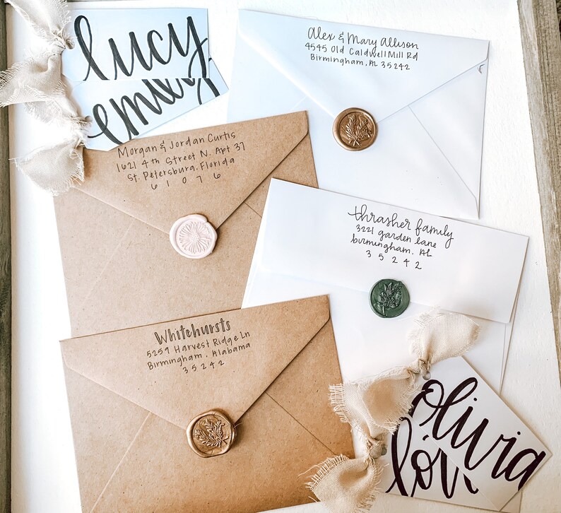 hand lettered return envelopes Hand-lettered addressed envelopes hand addressed envelopes wedding calligraphy