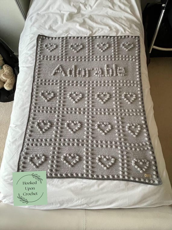 UK Terminology Adorable Blanket | Crochet blanket pattern | Heart blanket | Puff stitch pattern | Bobble stitch pattern.