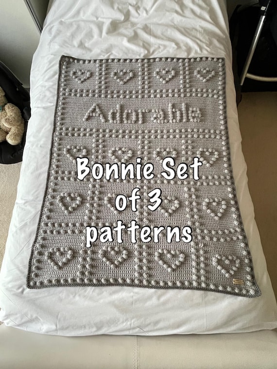 Adorable bonnie collection, crochet blanket patterns, pattern set, pdf pattern set, heart blanket pattern, crochet heart patterns.